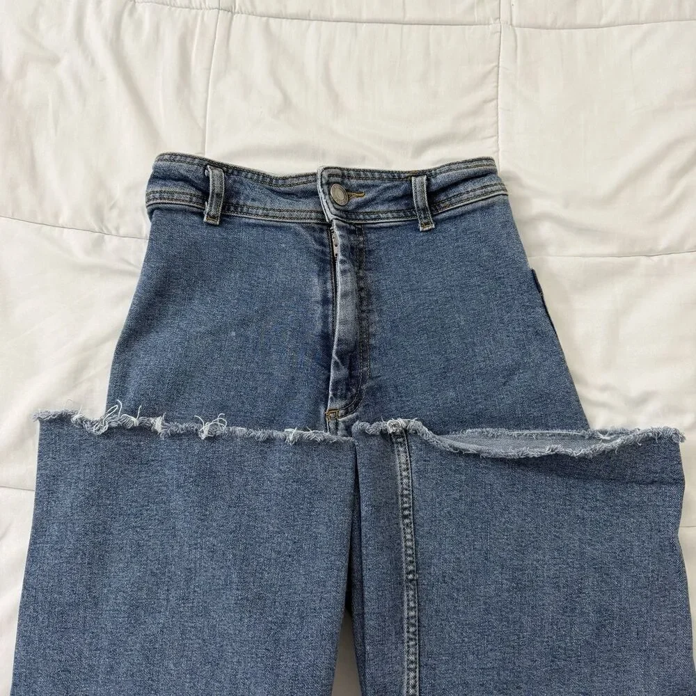 Zara Jeans Womens 2 Blue The Marine Straight Raw Hem High-Rise Wide Leg Boho - Picture 3 of 9